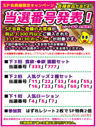 スーパープレミアム会員様限定「レシート番号大抽選会」当選発表