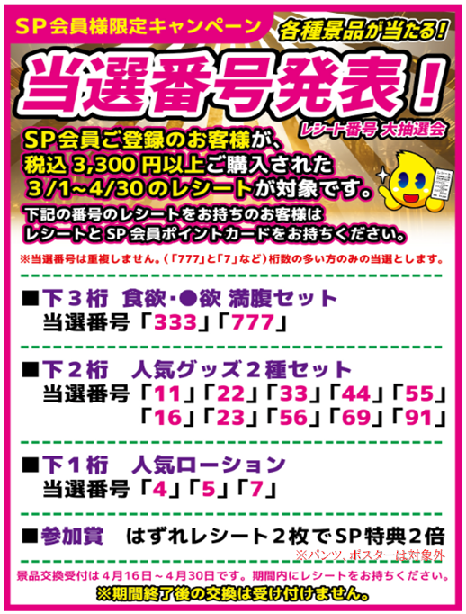 スーパープレミアム会員様限定「レシート番号大抽選会」当選発表